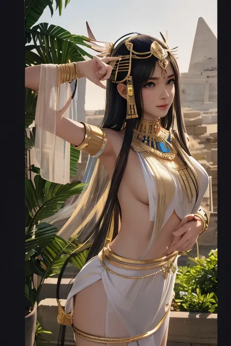 Close up portrait of woman in dress and headpiece posing, android girl in Egyptian ruins, anime goddess, ancient goddess, beautiful goddess, japanese goddess, Egyptian princess, beautiful cleopatra, ancient ruins behind her, beautiful fantasy empress, gree...