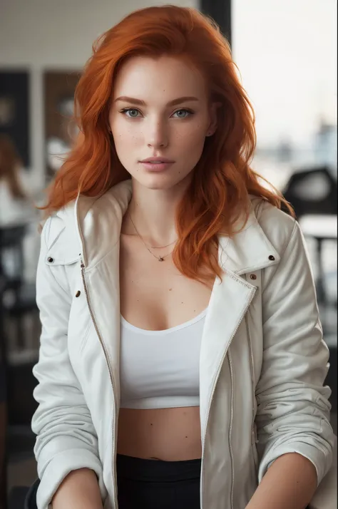 a photo of a seductive woman with loose styled (redhead hair:1.1), enjoyed, in cafe, she is wearing a hoodie and white leather jacket and leggings, no makeup, natural face, (textured skin, skin pores:1.1), (moles:0.8), imperfect skin, goosebumps, flawless ...