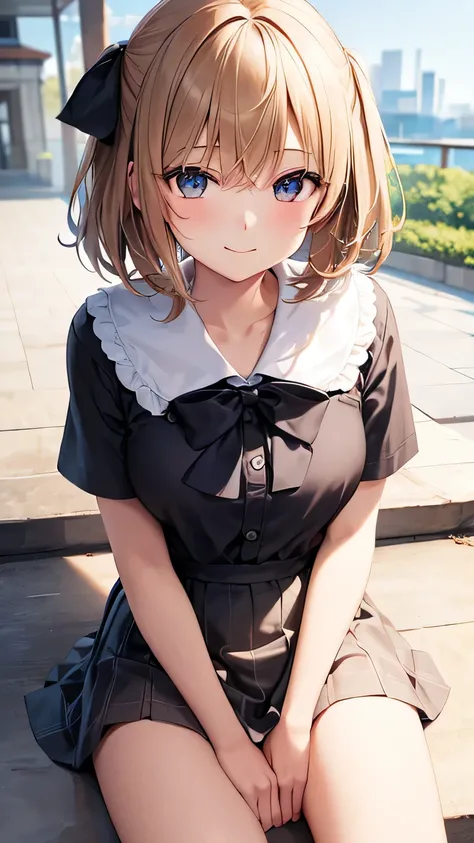 (very delicate and beautiful: 1.2), 1 girl, robber girl, bangs, cute eyes, bow, brown hair, closed mouth, Landscape, hair between eyes, hair bow, short sleeve, looking at the viewer, medium hair, alone, Upper body, school uniform: 1.3, ((alone)), (masterpi...