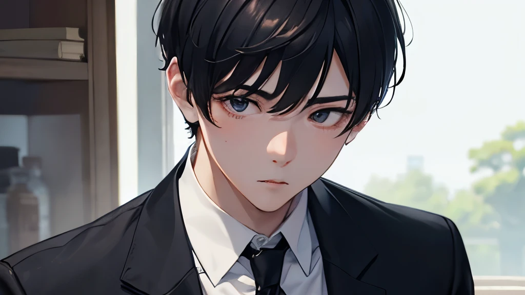 short undercut hair、18-year-old high school student、male、High resolution、Sharpened focus、High definition、male性1人、black eye、black hair、long school uniform、maleらしく筋肉質、handsome handsome man