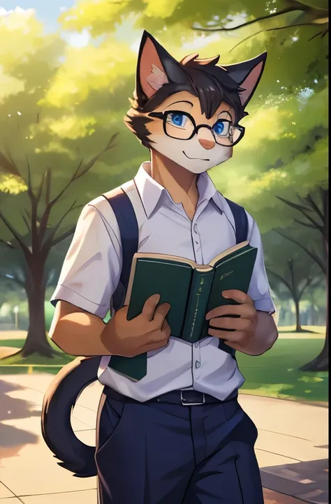 furry, solo, best quality, masterpiece, HDR, male cat, in a park, nerdy, wearing shirt and slacks, shy, carrying book, teen, blue eyes
