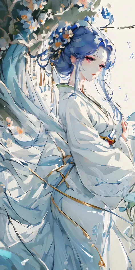 a close up of a woman with a blue dress and a flower in her hair, ((a beautiful fantasy empress)), beautiful character painting, a beautiful fantasy empress, inspired by Qiu Ying, palace ， a girl in hanfu, inspired by Huang Ji, beautiful young wind spirit,...