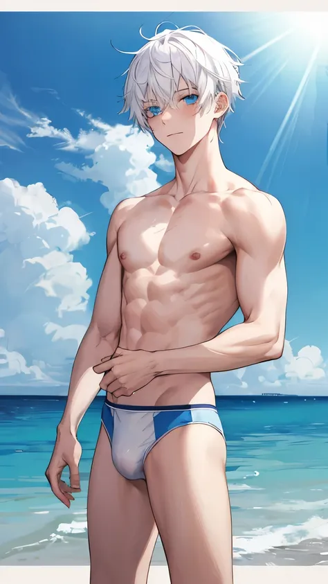 White hair, teenager, blue eyes, in the beach, shirtless, swimsuit