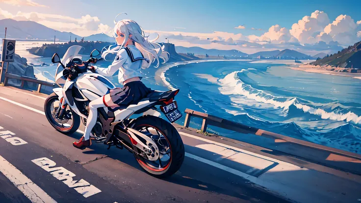 anime girl, school uniform, riding motocycle, white hair, blue eyes, perfect body, masterpiece, 4k, ultra hight quality, best qu...