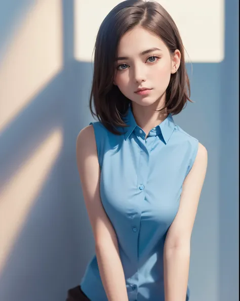 highest quality, realistic, 8K, High resolution, full color, 1 girl, woman, 20 years old woman, (closed mouth:1.73), (skin dents), (portrait:0.6),full color, ((sleeveless blue shirt:1.58)), looking at the viewer:1.8, (1 girl eyes looking at the viewer:1.55...