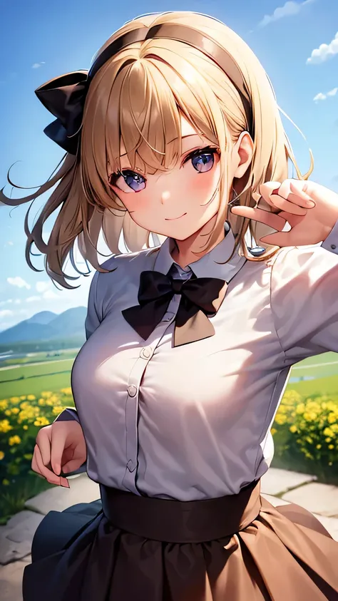 (very delicate and beautiful: 1.2), 1 girl, robber girl, bangs, cute eyes, bow, brown hair, closed mouth, Landscape, hair between eyes, hair bow, long sleeves, looking at the viewer, medium hair, alone, Upper body, Short school uniform: 1.3, ((alone)), (ma...