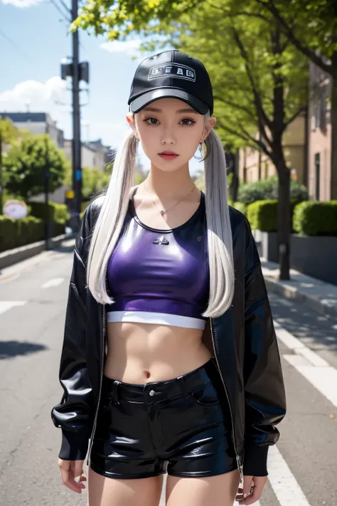 Prompt: (Background of a large city, blue night sky, clouds above, clouds above character, medium shot of character, medium shot:1.5, full shot), masterpiece, best quality, 1girl, (purple lights), rave, (punk outfit, crop top, pierced ear, fishnets), full ...