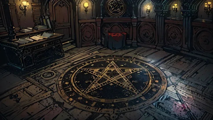 A room with a pentagram drawn on the floor and a book in the center of the pentagram, the lighting is very dim and only highlights dark details, accentuating the feeling of desolation and mystery. The scene must convey a tense and unpleasant atmosphere, co...