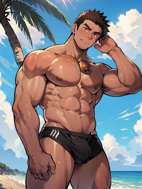 ((Anime style art)), Extremely muscular male character, bodybuilder body, Shirtless, Topless, (((SHIRTLESS))) Hands raised at neck level, (((Hands raised at neck level))), wears a small string thong that reveals huge, muscular thighs, bulge in the crotch, ...