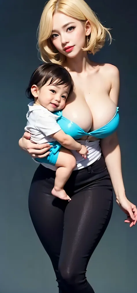 Pretty asian women (bold make-up:1.2), curvy, sexy (gigantic boobs:1.2)) sexy body, deep (High quality) HD, boobs, gigantic boobs, round boobs, deep cleavage, open cleavage, hanging boobs, (happy face), carrying a baby boy (a cute baby) blonde hair, huggin...