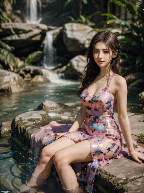 a woman in a pink dress sitting in a river next to a waterfall, traditional beauty, beautiful digital artwork, beautiful fantasy art, beautiful fantasy maiden, beautiful maiden, beautiful digital art, beautiful fantasy art portrait, beautiful gorgeous digi...