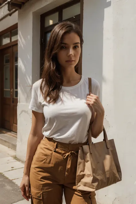 30 years old woman at exterior, dressed with a white shirt and red trousers, holding a brown bag, sunny, sun,