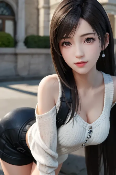 (top quality, masutepiece: 1.1), (Realistic: 1.3), (photoRealistic: 1.3), BREAK (((FF7,Tifa_lockhart))),(solo,Tifa:1.2),(loose knit dress:1.3,oversized sweater:1.3,long sleeve:1.2),((short pants)),(tight very long boots:1.2),(university background:1.1,outd...