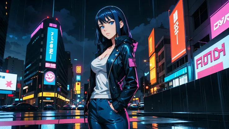 cool synthwave anime girl , dark blue hair , blue eyes , rainy time , in the city , whole body shot, big brest