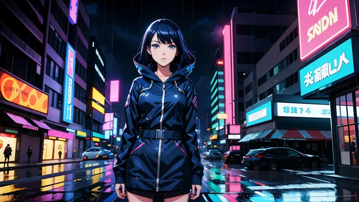 cool synthwave anime girl , dark blue hair , blue eyes , rainy time , in the city , whole body shot, big brest