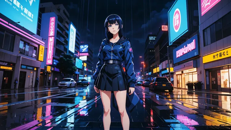 cool synthwave anime girl , dark blue hair , blue eyes , rainy time , in the city , whole body shot, big brest