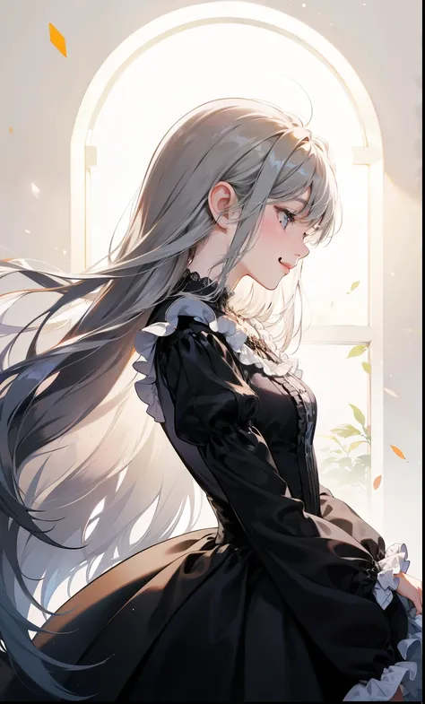 girl、white background、no background、gray hair、long hair、long hair、Contrasting bangs、black dress、Black see-through clothes、frills、profile、looking sideways、blush、smile、cute、no background