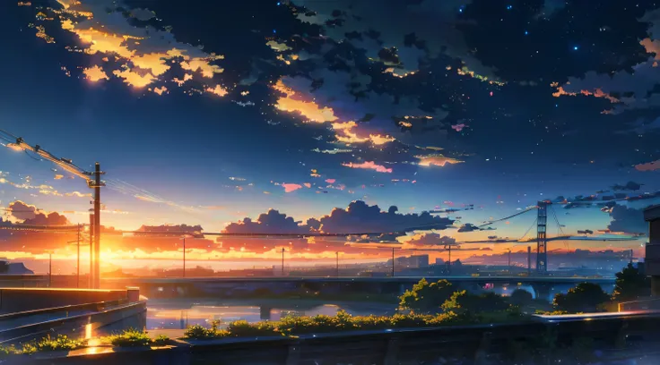 anime scene with train passing under blue sky, anime drawing by makoto shinkai, trending on pixiv, magic realism, beautiful anim...