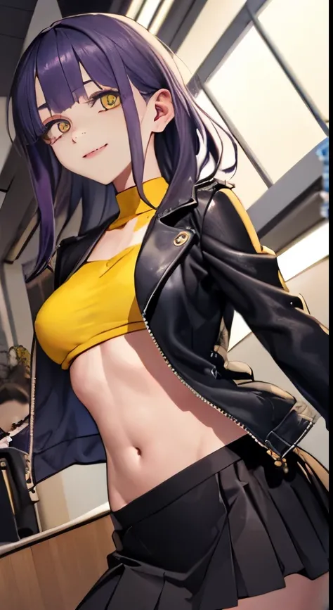 young ebony girl, black skin, purple long hair, high ponytail, yellow eyes, White leather jacket, skirt, open belly, side boob, smile, masterpiece, high quality、Game Center、heavy makeup