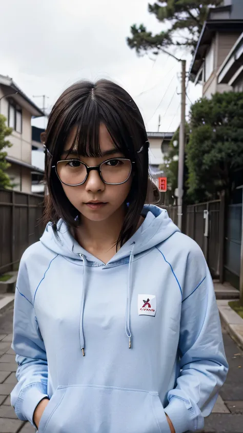 Japanese school tomboy girl in blue hoodie, white skin, beautiful face, wear glasses