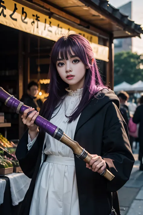 making real life young fern in frieren anime, purple colored hair, purple colored eyes, holding magic wand, in traditional marke...