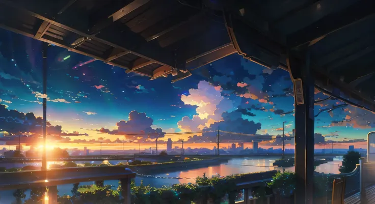 anime scene with train passing under blue sky, anime drawing by makoto shinkai, trending on pixiv, magic realism, beautiful anim...