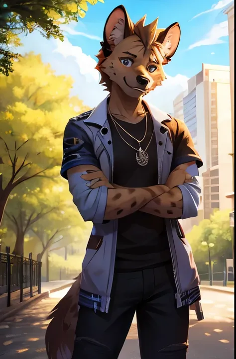 furry, solo, best quality, masterpiece, HDR, male hyena, in a park, teen, punk, standing, full body
