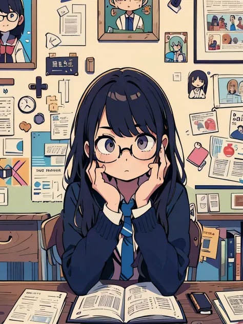 A young girl, a university student, sitting in a classroom during a lecture. She appears bored and disinterested, holding a fountain pen, and wearing glasses. The scene captures a moment of monotony, with the girl dozing off, symbolizing the tedium of the ...