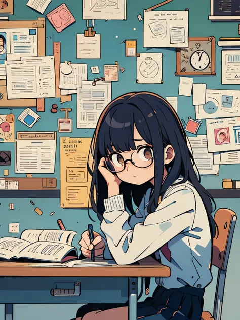 A young girl, a university student, sitting in a classroom during a lecture. She appears bored and disinterested, holding a fountain pen, and wearing glasses. The scene captures a moment of monotony, with the girl dozing off, symbolizing the tedium of the ...