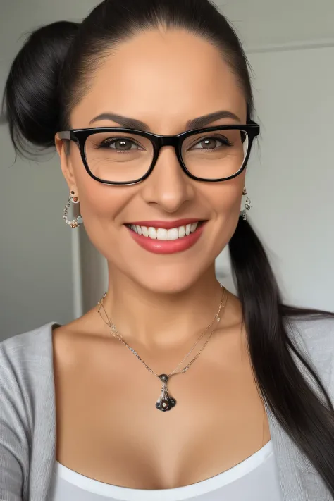 A photo of a woman with a happy facial expression and hair in pony tail. Wearing glasses with beaitful eyes ultrarealistic, photorealistic, 8k, ds1r, beautiful, makeup, necklace, earrings, perfect face, detailed skin, detailed face, detailed eyes
