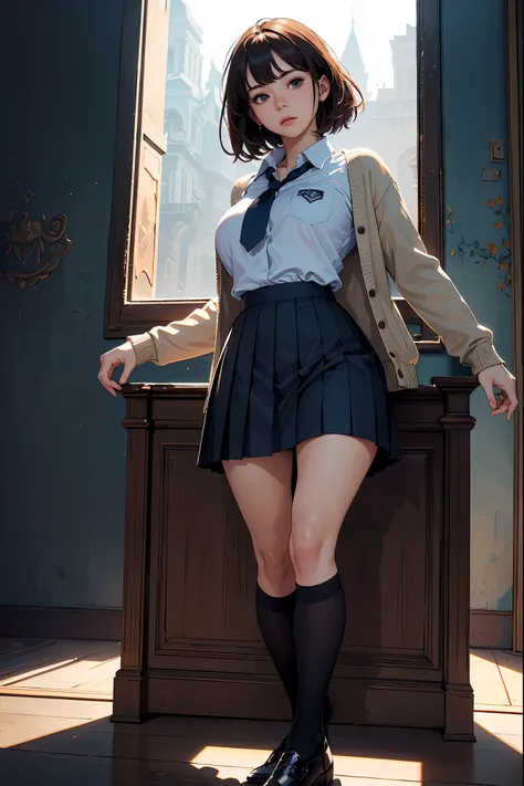 (1 girl), alone, reincarnation of the beauty Aphrodite, brown hair, brown shoes, black legwear, blue skirt. Cardigan, open cardigan, open clothes, black tights with thin details, pleated skirt, , school_uniform, sailor uniform, short_hair, skirt, (highly d...