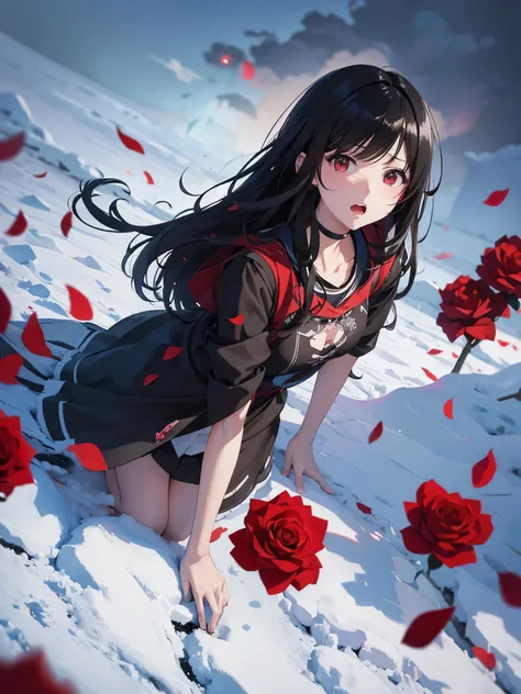 anime illustration、High resolution、15 years old、black straight hair、powder snow、on the ground　Red roses bloom all over、Scary clouds