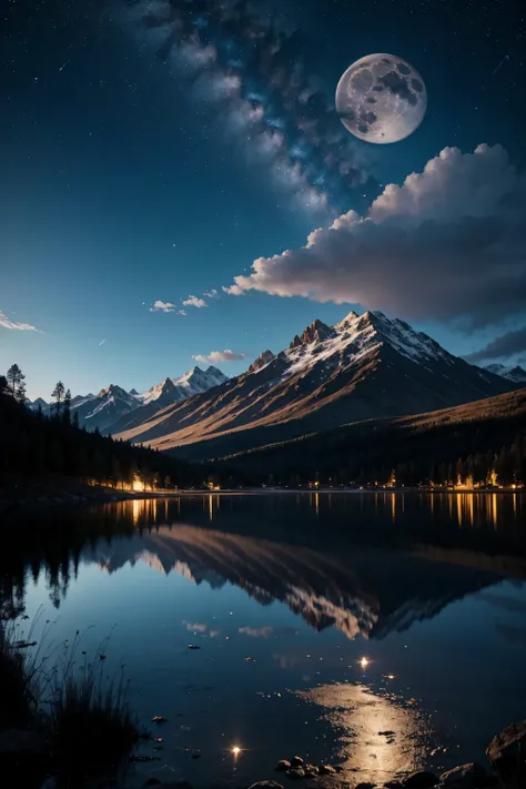 The full moon hangs high in the sky,starry night sky,Stars and mountains reflected in the lake, 4k highly detailed digital art, 8K Stunning Artwork, , Epic Fantasy Science Fiction,, Impressive fantasy scenery,