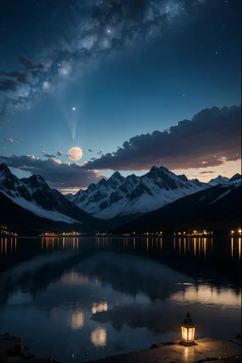 the full moon hangs high in the sky，starry night sky，stars and mountains reflected in the lake, 4k highly detailed digital art, ...