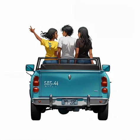 there are three people sitting in the back of a truck being a black hair fair skin man between two black hair fair skin ladies pointing forward, road trip,with road, hq artwork, promotional art, official illustration, percy jackson, full color illustration...