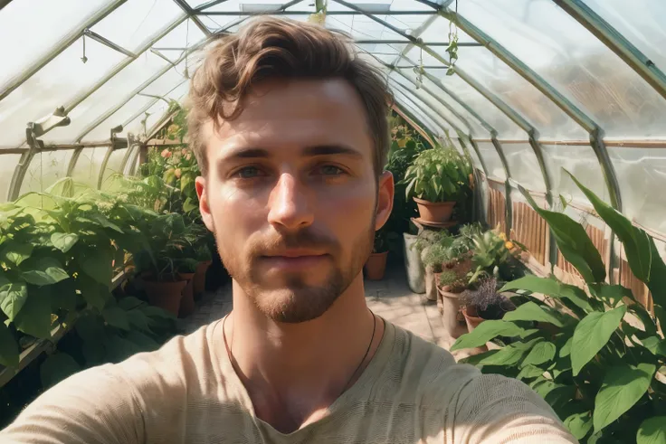 1 man((upper body selfie)), masterpiece, best quality, ultra-detailed, solo, herbalist in front of a greenhouse filled with flourishing plants,
analog style (look at viewer:1.2) (skin texture)
(film grain:1.3), (warm hue, warm tone)