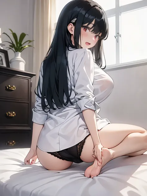 masterpiece、highest quality、High resolution、1 girl、barefoot、(((Yor Forger、jet black hair、red eyes)))、detailed depiction of the face、blush、shy、sexual expression、open your mouth and drool、buttをこちらに突き出す、(From the back、butt、Show the soles of your feet、Lying in...