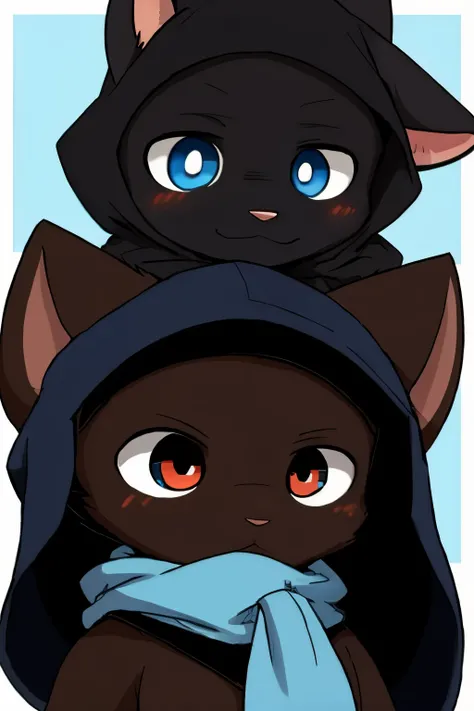 dibuja un furry hombre que sea un gato negro con con los ojos morados, a dark brown hood and a light blue scarf