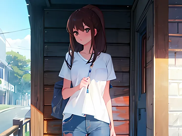 1girl, wearing plain white shirt, denim jeans, park, absurdres, high res, ultrasharp, masterpiece, looking at viewer