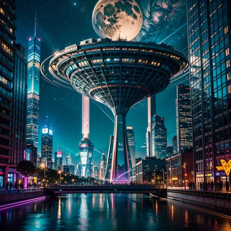 (nebulae hyper Nebula starry_sky Moonset epic moonrise spacious moonshine) In this futuristic image of a city at night，We were taken into a city full of technology and innovation。Tall skyscrapers glow with neon lights in the night sky，Forming a series of c...