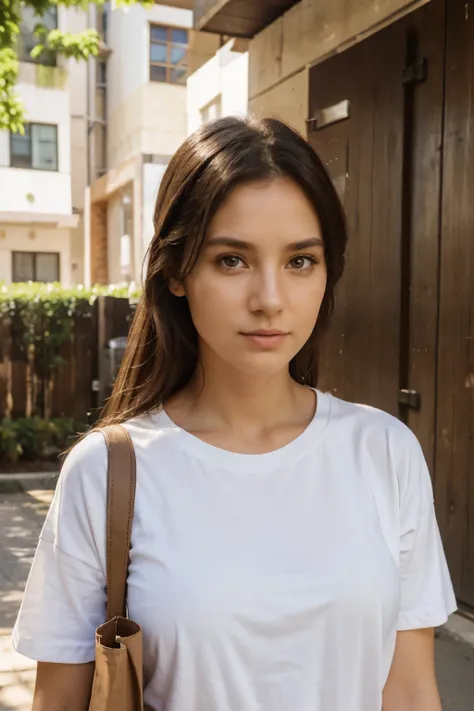 30 years old woman at exterior, dressed with a white t-shirt, holding a brown bag, sunny, sun, detailed face, detailed eyes