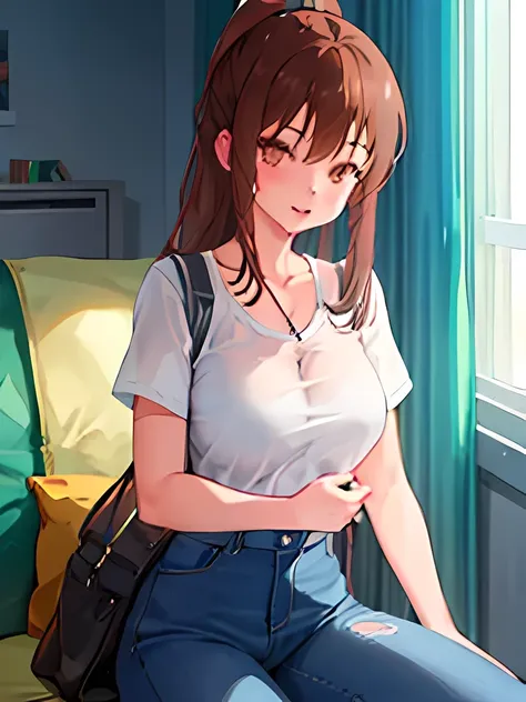 1girl, wearing plain white shirt, denim jeans, park, absurdres, high res, ultrasharp, masterpiece, looking at viewer