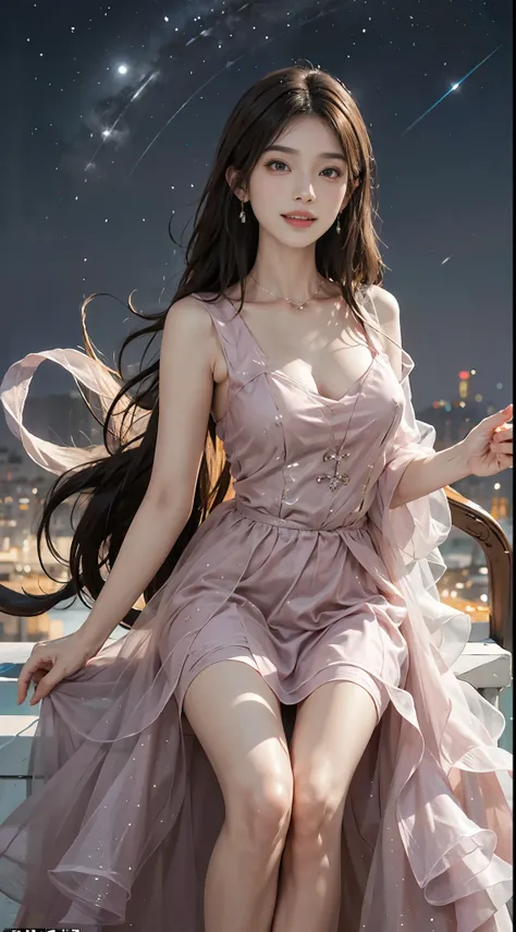 dress, ((full body)), ((leaning forward)), (上身前倾, 弯腰), ((from above)), ((realistic)), 1girll, posed for photo, Outdoor scene, the night, lamplight, Stand up, Pleasing posture, Eye-catching poses, pretty legs, looking at viewert, Detailed scenes, curlies, A...