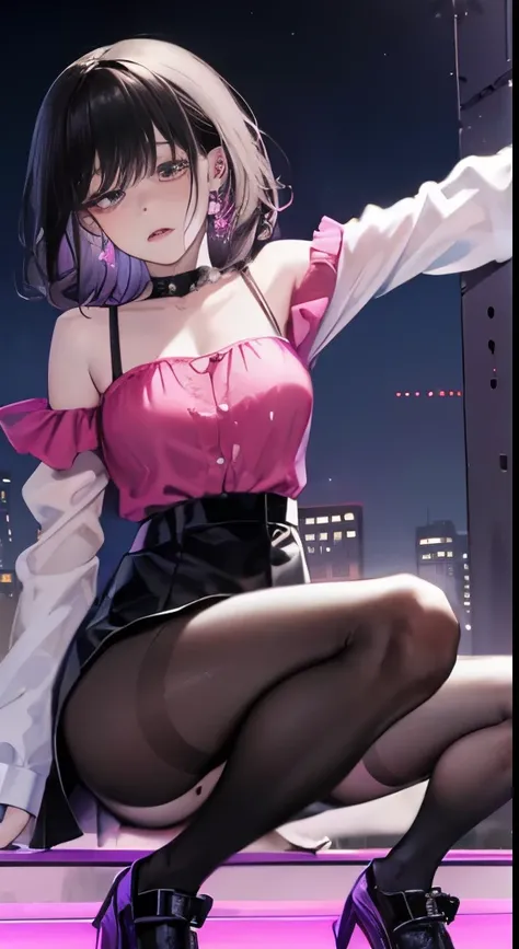 (8K、best image quality、highest quality、masterpiece)、1 girl、black hair twintails、short hair、wavy hair、dull bangs、purple eyes、Expressionless、earrings、Moderate chest、Pink ruffled clothes、off shoulder strapless、black mini skirt、((Fishnet tights))、platform leat...