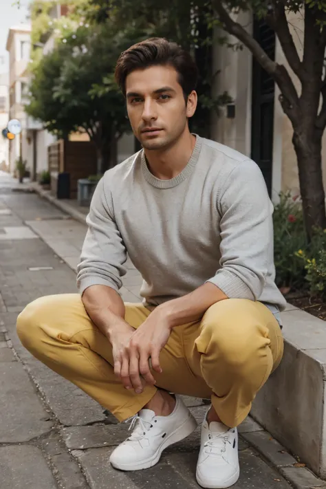 30 years old man at exterior, dressed with a yellow sweater and grey trousers, white shoes, sunny, sun, detailed face