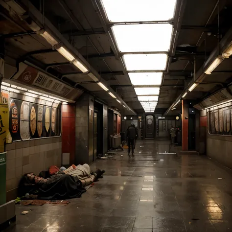 a large (very large) subway station that in a post-apocalyptic world has become a survivor stand, the station is lit by a dim reddish light, it has an unpleasant appearance because it is old, very old indeed (very old) and the survivors tired lying on the ...