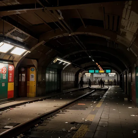 a large (very large) subway station that in a post-apocalyptic world has become a survivor stand, the station is lit by a dim reddish light, it has an unpleasant appearance because it is old, very old indeed (very old) and the survivors tired people lying ...