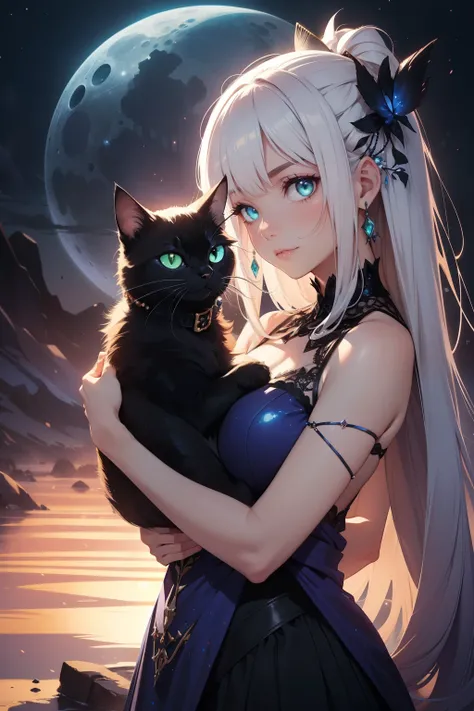 In the realm of enchantment, a celestial black cat gracefully emerges, its iridescent fur shimmering under the ethereal light. With its piercing emerald eyes, it gazes upon a tranquil Magic watercolor collection, the vibrant hues of its painting reflecting...