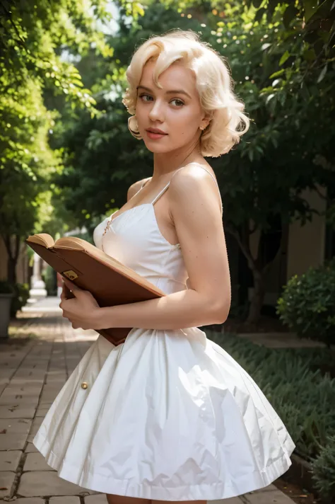 a decently dressed girl in a long white dress, a little like Marilyn Monroe, holds a large book with both hands