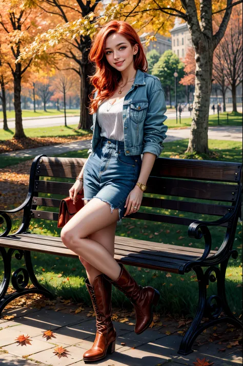 ((full body)), ((best quality)), ((masterpiece)), (detailed), (realistic), young woman, red hair, green eyes, beautiful face, freckles, smiling, casual clothes, denim jacket, white dress, boots, (fashionista:1.2), (autumn:1.3), park, trees, leaves, bench, ...